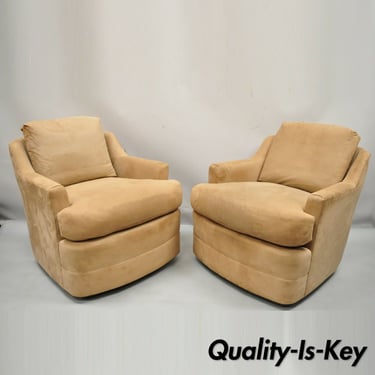 Vintage Mid Century Modern Swivel Brown Upholstered Lounge Club Chairs - a Pair