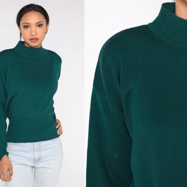 80s Turtleneck Sweater Green Knit Sweater Demetre Wool Blend Pullover Retro Basic Plain Slouchy Boho Ski Jumper Vintage 1980s Medium 