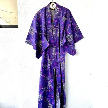 Vintage Japanese Fireworks Kimono Long Purple Cardigan Duster // Floral Asian Robe 