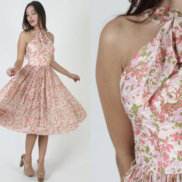 50s MCM Style Halter Top Dress, Pin Up Style Circle Skirt, Vintage Mid Century Pink Floral Party Frock, Low Cut Open Back Sundress 