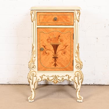 Romweber French Rococo Louis XV Satinwood Inlaid Marquetry and Parcel Painted Nightstand, Circa 1930s