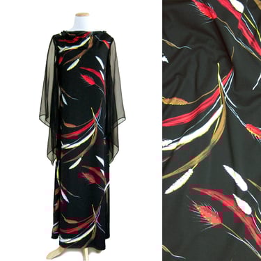 Vintage Gown with Sheer Chiffon Bat Sleeves, Black Maxi Dress with Draped Neckline, Wheat Print, Long Formal Event Dress 