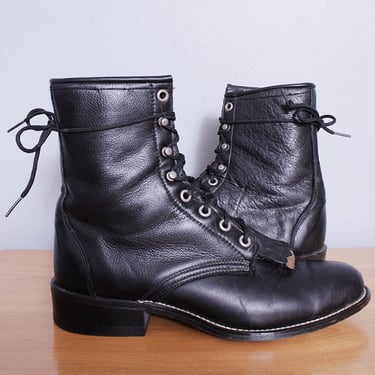 Vintage | 1980's | Black | Lace Up | Leather | Laredo | Combat | Western Boots | 9M 