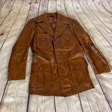Mens Leather Jacket • Brown • 1970s • Overcoat • Wide Notched Lapel • Button Front • Braided Trim • 42L • Anderson Little • Metro Chic 