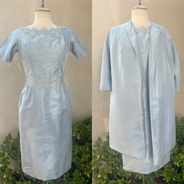 Vintage Wounded Bird 60s dress coat oufit soft blue silk blend lace Sz Small by Chudiks Birmingham 