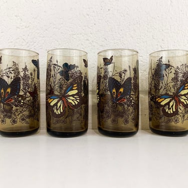 Vintage Floral Glasses Flower Glass Set of Four Butterfly Pattern Brown Flowers Smoky Brown Butterflies Libbey 70s 1970s 