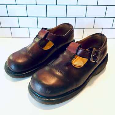 Vintage Women’s UK Size 7, US Size 9, Dr. Martens Polley Platform T-Strap Leather Mary Jane, Made in England, 1990s Vintage Doc Martens 