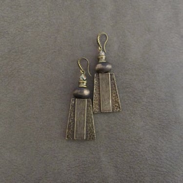 Hammered bronze earrings, geometric earrings, unique mid century modern earrings, ethnic bohemian earrings, statement earring, Tibetan agate 