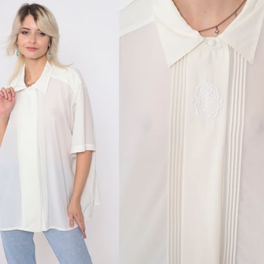 Simple White Blouse 90s Pleated Embroidered Button Up Shirt Short Sleeve Boho Secretary Point Collar Vintage 1990s Plus Size 22W 