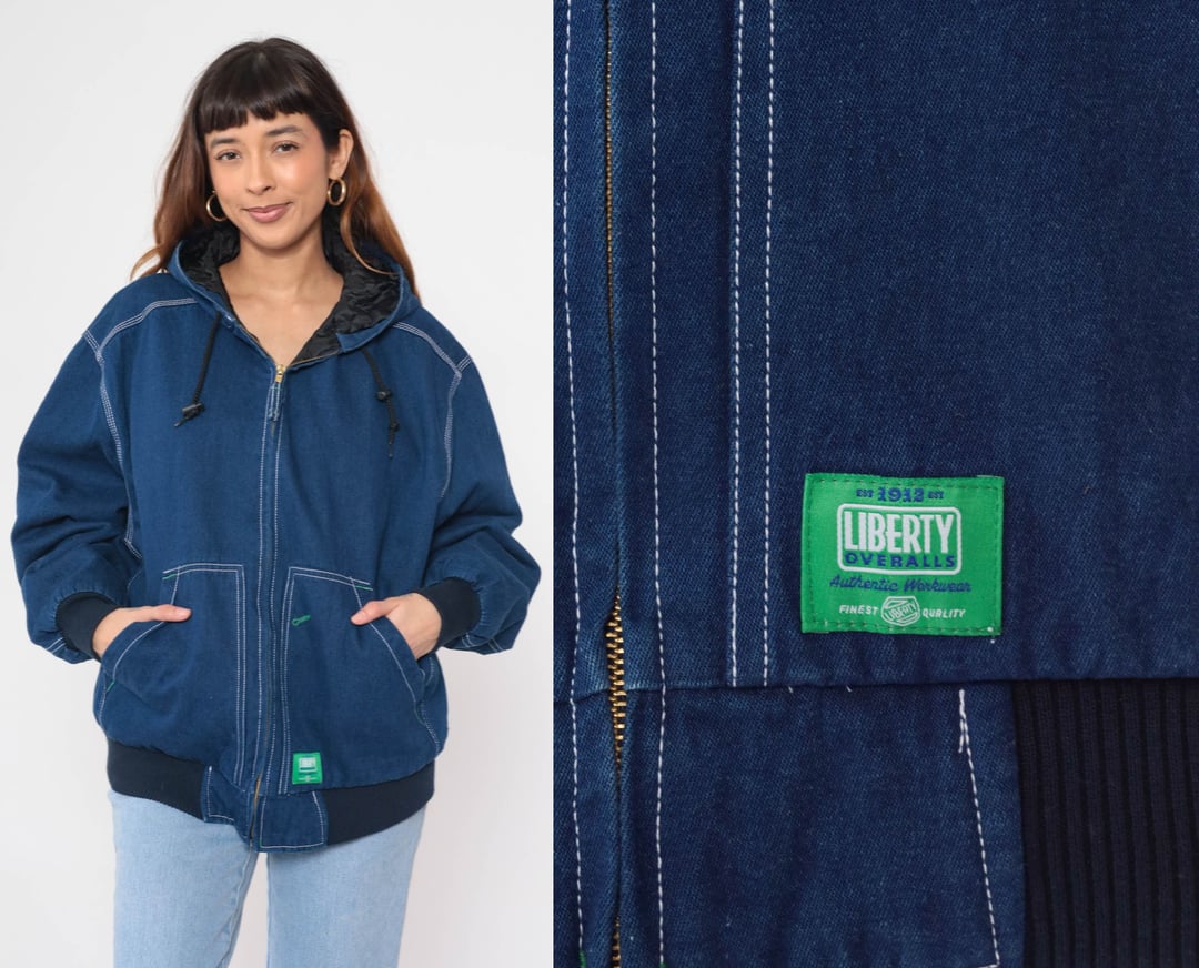 90s Hooded Denim Jacket Liberty Overalls Jean Jacket Workwear Jean ...