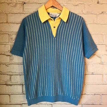 Medium, Vintage 1960s Short Sleeve Polo Knit Shirt, Blue Yellow, Stripes 