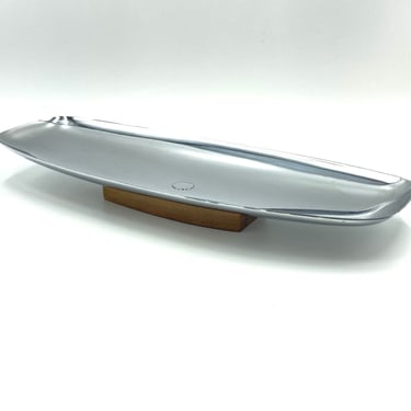 Milbern Creations Chrome Bread Tray, Mid Century Silver Oblong Dish with Wood Base, Vintage Metal Serving Tray 