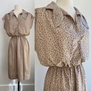Vintage 70's 80s CALICO Print Shirtwaist Dress / Cap Sleeve + Tie Collar + Elastic Waist / Anita Kantor 