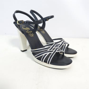 Vintage 60s Italian Leather Navy Blue And White Strappy Heels Size 7.5 