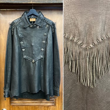 Vintage 1990’s Size XL Custom 1960’s Style Black Leather Fringe Cowboy Frontier Jacket, Cavalry Jacket, Western Wear, Vintage Clothing 