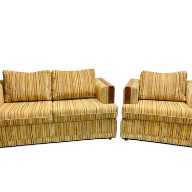 Mid Century Modern Herculon Stripped Wood Frame Shaw Manufacturing Set with Loveseat Sofa and Accent Chair 