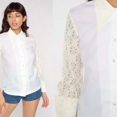 70s Lace Blouse White Cutout Floral Collared Shirt Boho Dagger Collar Button Up Top Cutwork Vintage 1970s Romantic Girly Long Sleeve Small S 