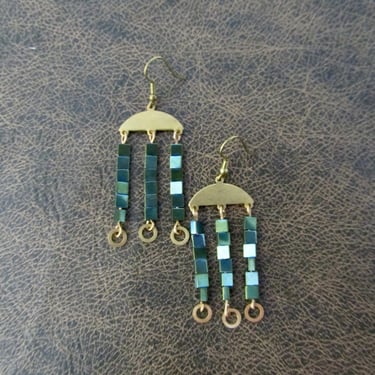 Green hematite and brass chandelier earrings 