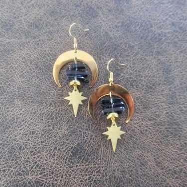 Raw quartz crystal earrings, black and gold 