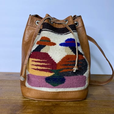 Vintage Peruvian Purse Woven Wool Textile and Tan Leather Shoulder Bag 