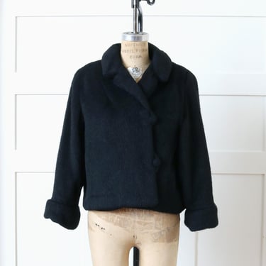 vintage 1950s black mohair jacket • bell sleeve fuzzy short swing coat 