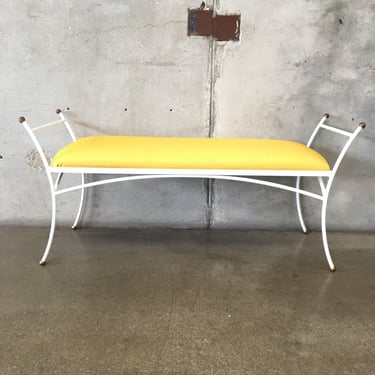 Vintage White Metal Bench with Yellow Vinyl Seat Cushion