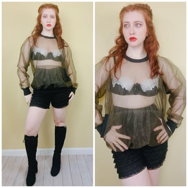 1980s Vintage Black Mesh Buzz Brand Shirt / 80s Henley Sheer Peek A Boo Netted Top / Size Small - Medium 