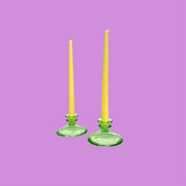 Vintage Candlestick Holders 1950s Mid Century Modern + Set of 2 + Green + Glass + Etched + Candleholders + Table and Shelving Decor 
