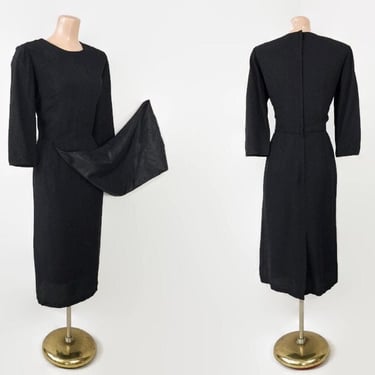 VINTAGE 50s Black Crepe Pencil Dress with Flyaway Front Panel | 1950s Bombshell Cocktail Dress | Jack Mann Original vfg 