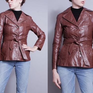 Vintage 1970's | Brown | Fitted | Leather | Jacket | S 