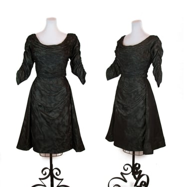 Vintage 1950s Dress ~ Ceil Chapman Missing Label Gothic Coffin Ruching Draped Black Moire Cocktail Dress 