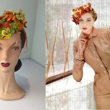 Do You See What We See? - Vintage 1950s 1960s Orange Pansies Pill Box Floral Hat w/Veil 