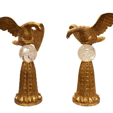 Pair of Hand-Carved Water Gilt & Rock Crystal Eagle Sculptures
