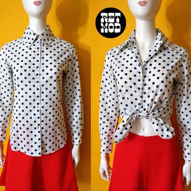 Cute Vintage 60s 70s White & Navy Blue Polka Dot Button Down Collared Shirt 