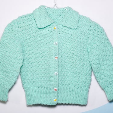 Vintage 1960s Aqua Animal Buttons Sweater Child | 12 