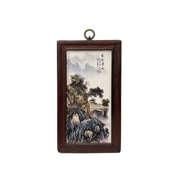 Chinese Wood Frame Porcelain Mountain Tree Scenery Wall Plaque Panel ws3354E 
