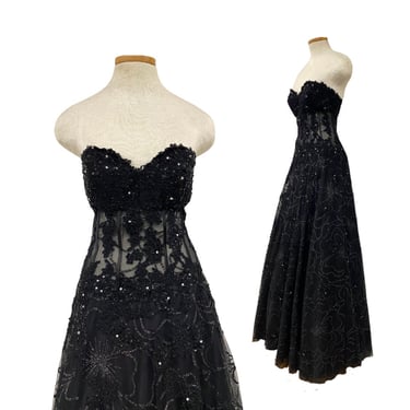 Vtg Vintage 00s Y2K Era Designer Jiovani Black Corset Tulle Sweetheart Top Gown 