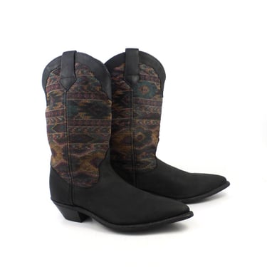 Black Cowboy Boots Vintage 1980s Dingo Leather Southwestern Fabric Women's size 7 