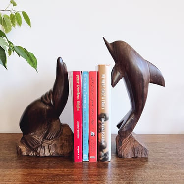 Vintage Mexican Ironwood Dolphin and Seal Carved Bookends 
