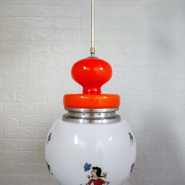 Vintage XL Ceiling Light/ White and Orange Glass With Decor Lamp/ Old Round Lamp/ Retro Children Lamp/ Vintage Glass Globe Light/ Italy /50s 