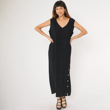 Vintage Long Black Dress 90s Bloomingdale's Button Side Maxi V Neck Sleeveless Retro Simple Plain Casual Full Length 1990s 2x Plus Size 