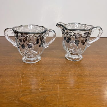 Vintage Fostoria Glass Baroque Sugar and Creamer Sterling Silver Fruits Overlay 