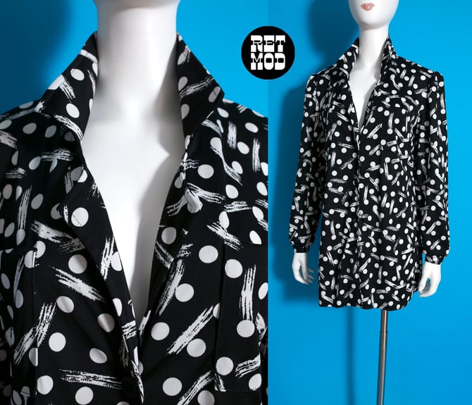 Fun Vintage 70s Black & White Bouncing Polka Dots Button Down Collared Tunic Top with Pockets 