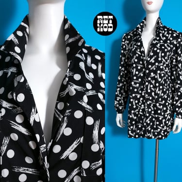 Fun Vintage 70s Black & White Bouncing Polka Dots Button Down Collared Tunic Top with Pockets 