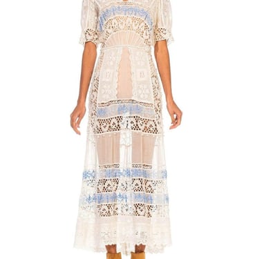 Edwardian White Cotton Voile & Lace Tea Dress With Rare Blue Embroidery 