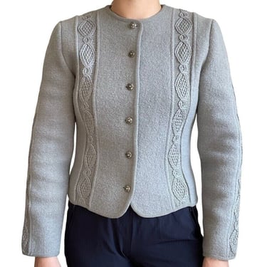 Vintage 80s Womens Woodstock Boiled Wool Gray Bavarian Cable Knit Cardigan Sz M 