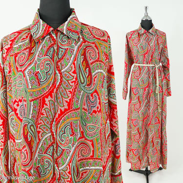 1980s Red PaisleyCaftan | 80s Red Print Dressing Gown | Red Paisley Robe | Mary McFadden | X-Large 