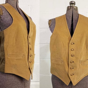 Vintage Corduroy Vest Tan Brown Suit Tailored Sears Men's Store Sleeveless 6 Button Front 1970s Large 