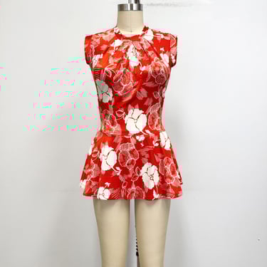 Vintage 60s One Piece Bathing Suit with High Neck, Open Back , and Skirt | Size Medium 