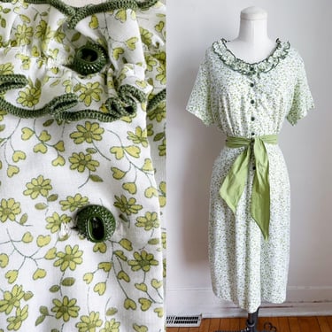 Vintage 1960s Olive Green Heart & Daisy Floral Dress / M 